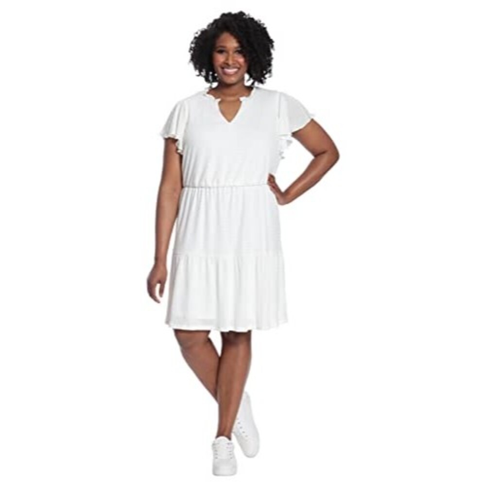 London Times Flutter Sleeve Tiered Dress Plus Size 1X Notch Collar White B90